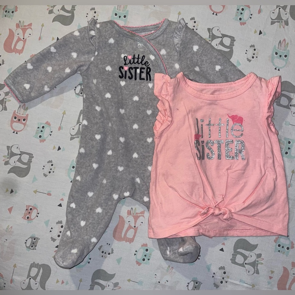 “Little Sister” Bundle-Newborn Baby Fleece Footie & 3-6 Month Tee with Ruffle